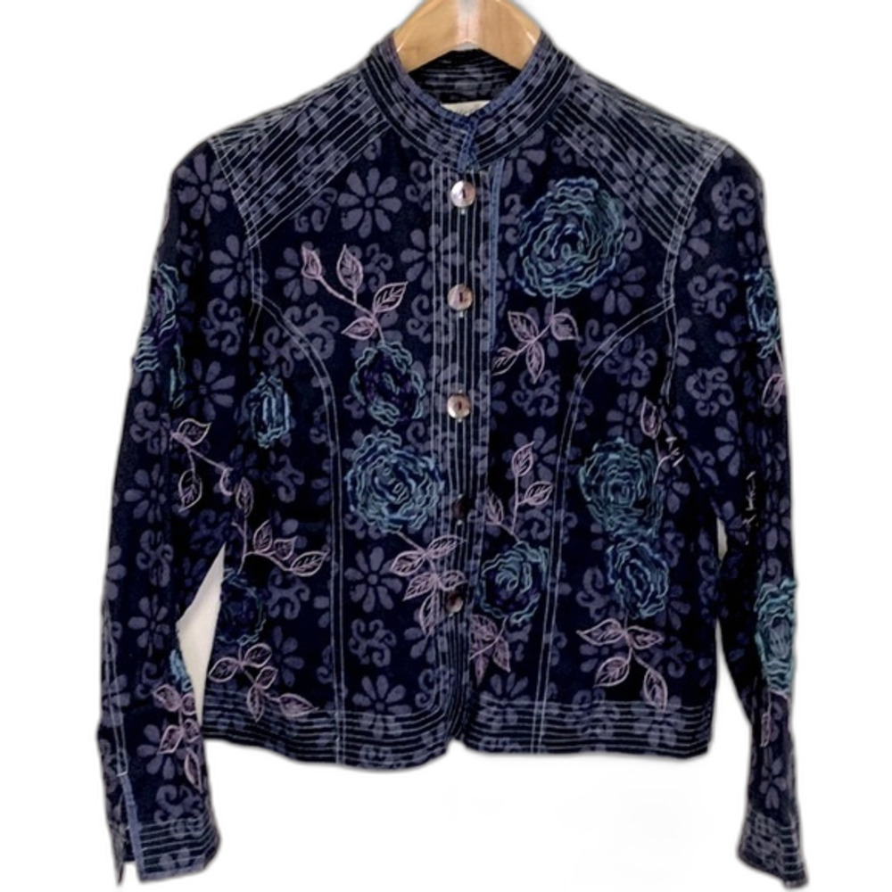 Coldwater Creek Navy Purple Embroidered Floral Batik LS Button Front Jacket Sz S